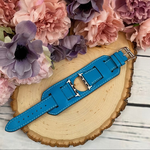 Vegan Leather Blue Double Cuff Watchband for Apple - Picture 11 of 14